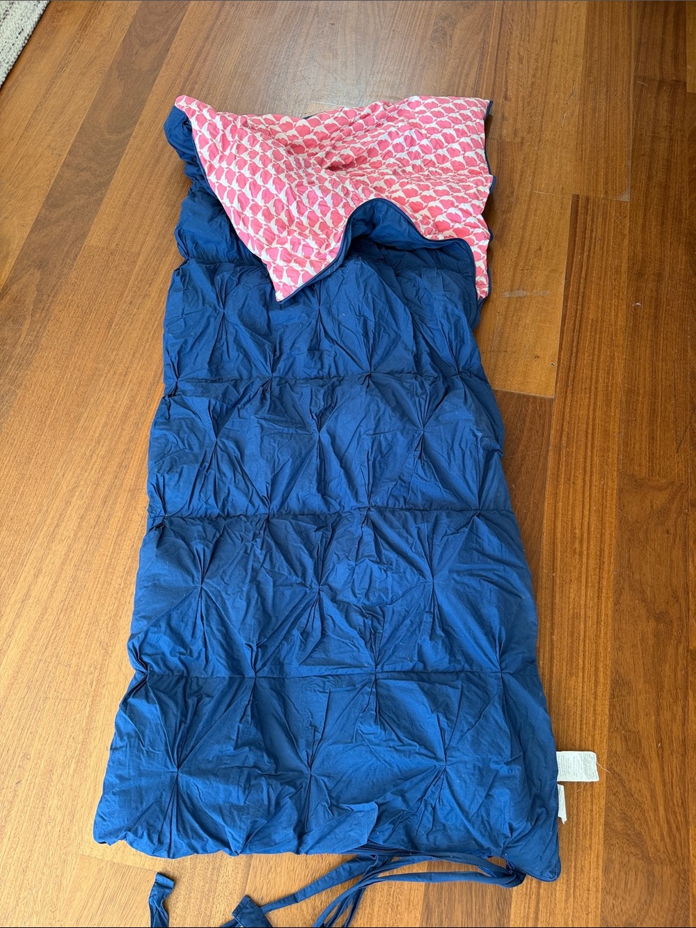 Pottery Barn Teen navy blue sleeping bag with pink patterned interior